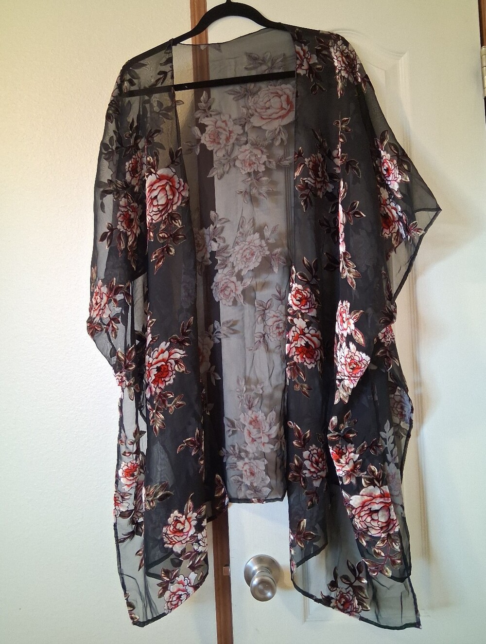 Women Sheer Floral Kimono Bournout Velvet Open Front Plus-Size Black Whimsygoth